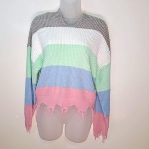 Jolie & Joy Long Sleeve Raw Hem Sweater Women's Large Pastel Stripes Knit Hooded
